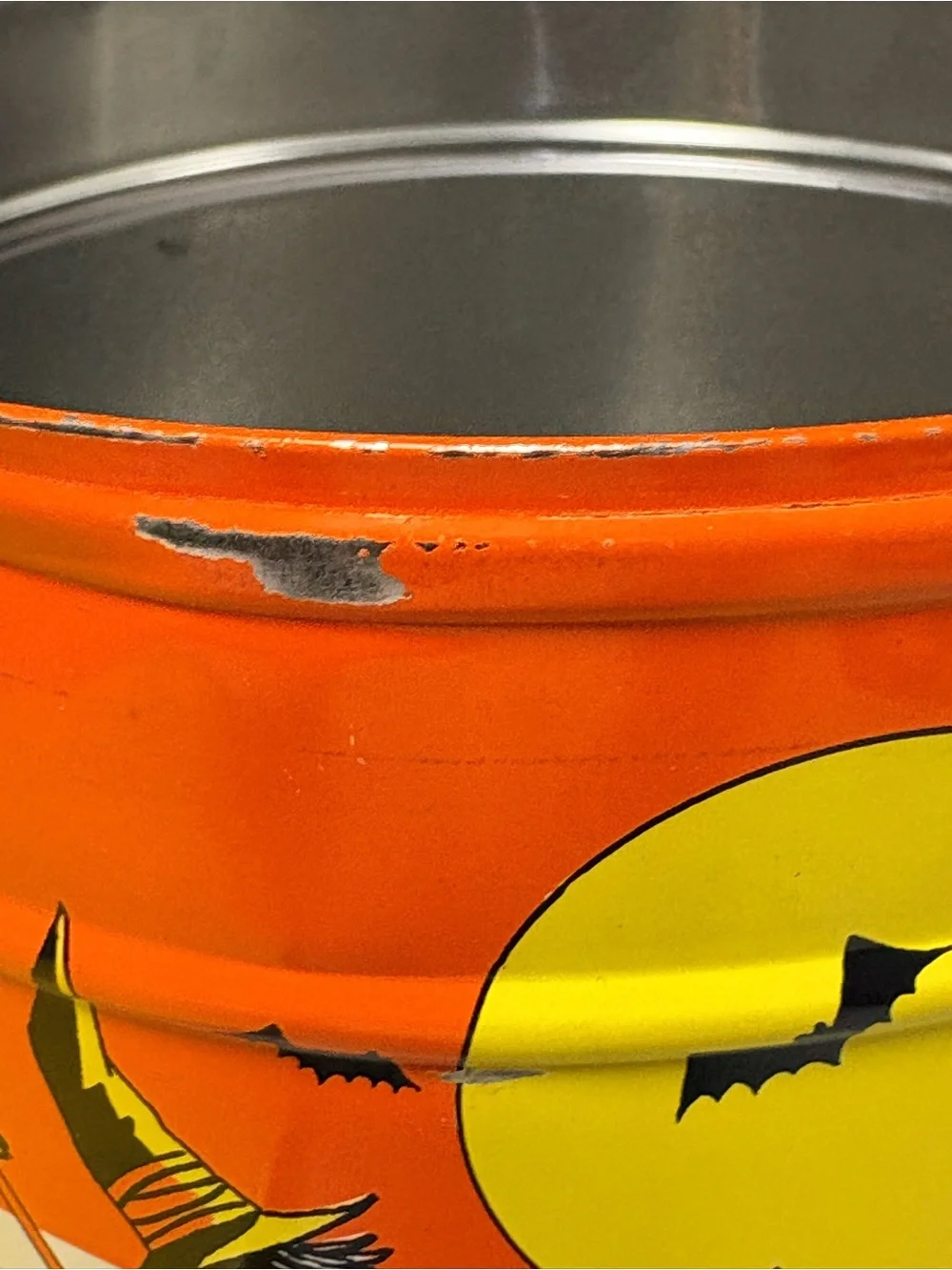 VTG Halloween Metal Tin Storage Litho Bucket Witch Ghost Skeleton Creepy Cool